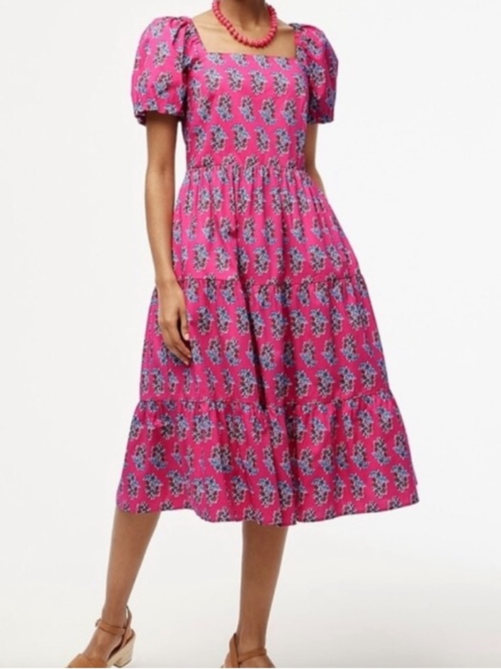 Pink Floral Puff Sleeve MIDI Dress